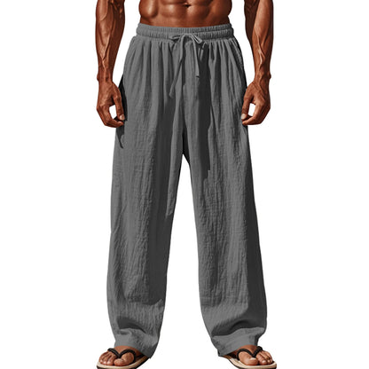 Pantalones ligeros de lino para hombre con cintura elástica y corte relajado, ideales para vacaciones de verano en la playa o uso casual
