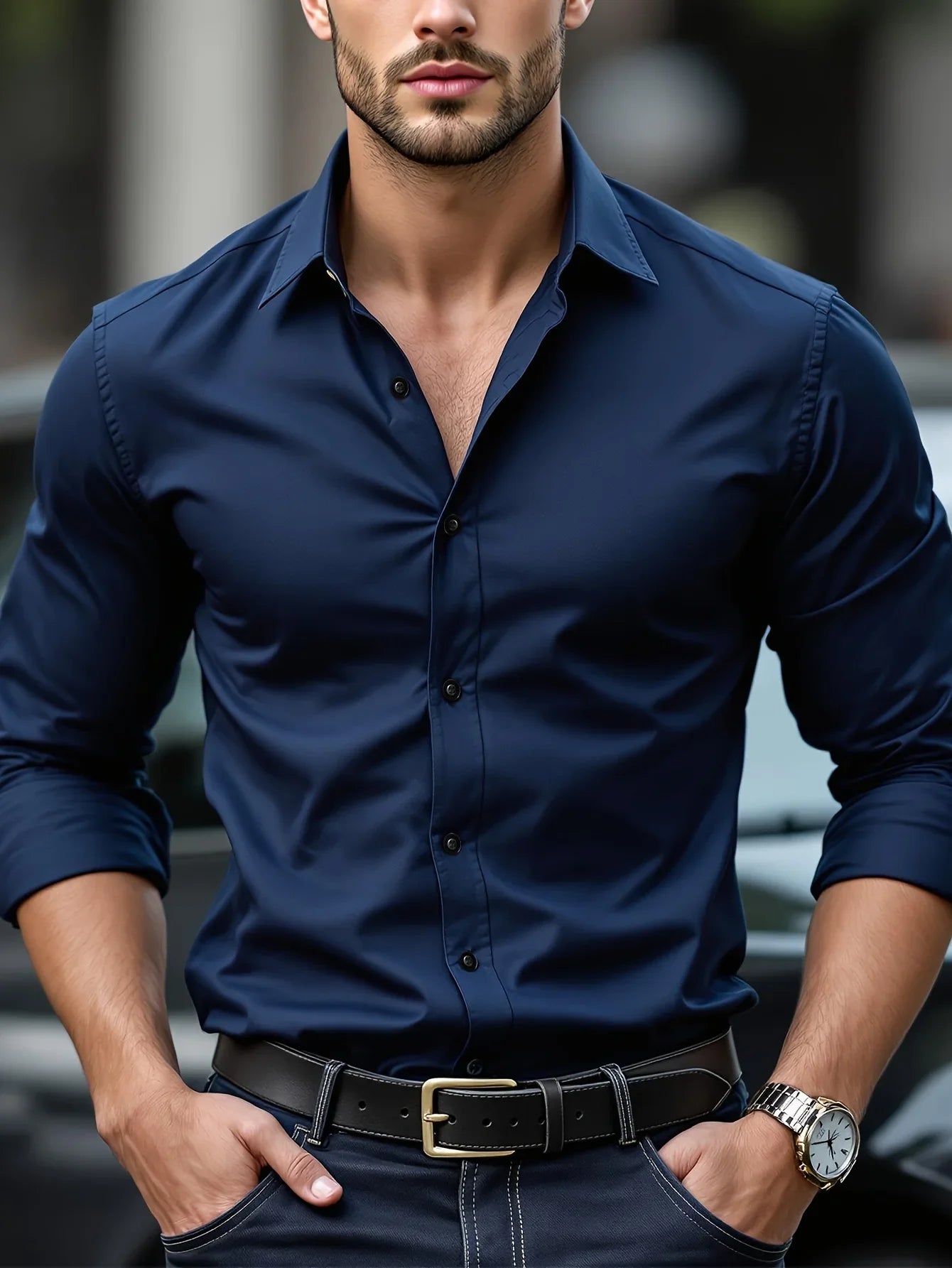 Camisas de negocios para hombre elásticas para las cuatro estaciones, de manga larga, de color sólido, elegantes, informales, de la marca 2025