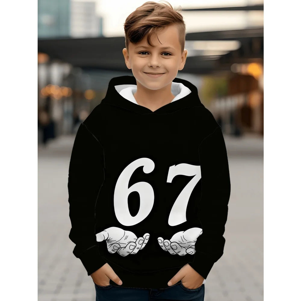 Ropa infantil Sudadera con capucha divertida con el número "67" para niños, sudadera informal deportiva de manga larga con capucha y tops para niños