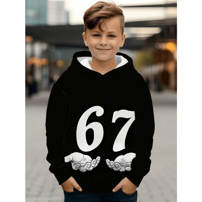Ropa infantil Sudadera con capucha divertida con el número "67" para niños, sudadera informal deportiva de manga larga con capucha y tops para niños