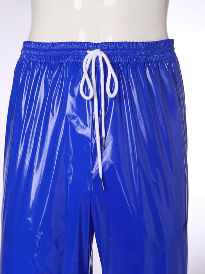 Pantalones Holgados Brillantes para Hombre Y2K con Cordón en la Cintura, Elástico en la Cintura, Bolsillos Laterales, Pantalones de Chándal Holgados y Brillantes, Disfraces de Hip Hop