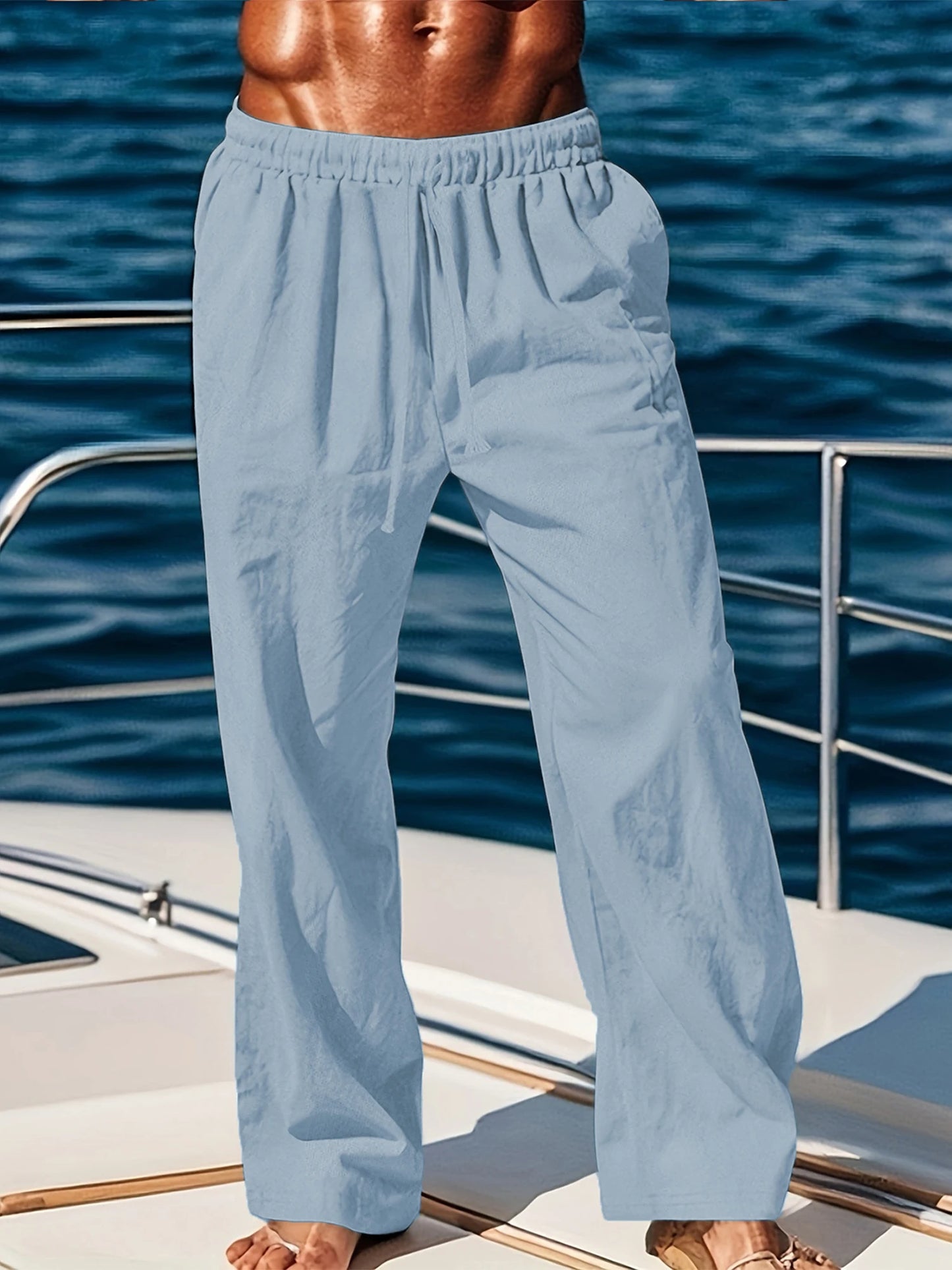 Pantalones ligeros de lino para hombre con cintura elástica y corte relajado, ideales para vacaciones de verano en la playa o uso casual