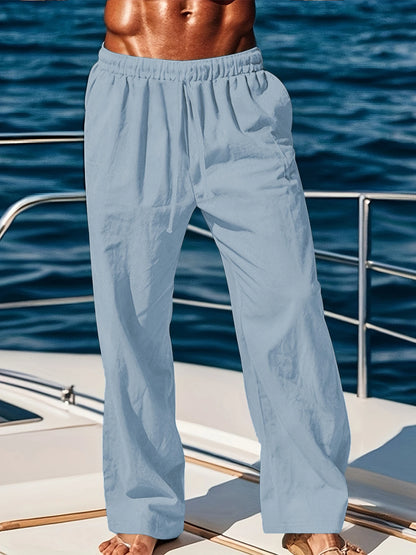 Pantalones ligeros de lino para hombre con cintura elástica y corte relajado, ideales para vacaciones de verano en la playa o uso casual