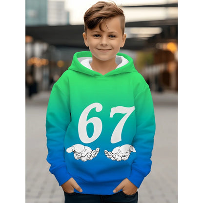Ropa infantil Sudadera con capucha divertida con el número "67" para niños, sudadera informal deportiva de manga larga con capucha y tops para niños