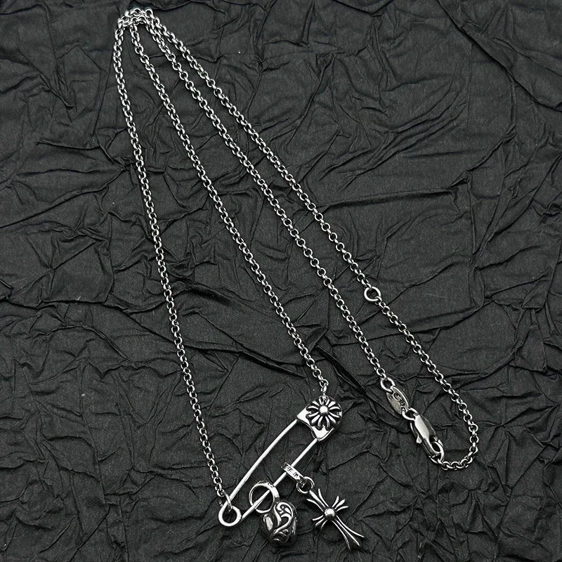 Plata de Ley S925, Retro y Antiguo Collar con Colgante de Corazón de Melocotón y Cruz, Personalidad Europea y Americana para Hombres y Mujeres
