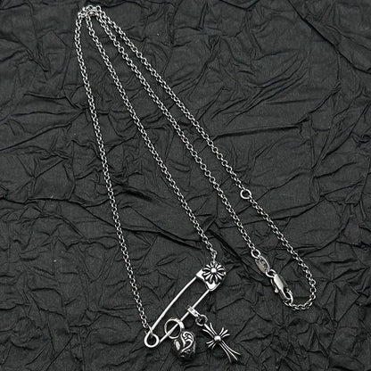 Plata de Ley S925, Retro y Antiguo Collar con Colgante de Corazón de Melocotón y Cruz, Personalidad Europea y Americana para Hombres y Mujeres