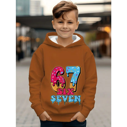 Ropa infantil Sudadera con capucha divertida con el número "67" para niños, sudadera informal deportiva de manga larga con capucha y tops para niños