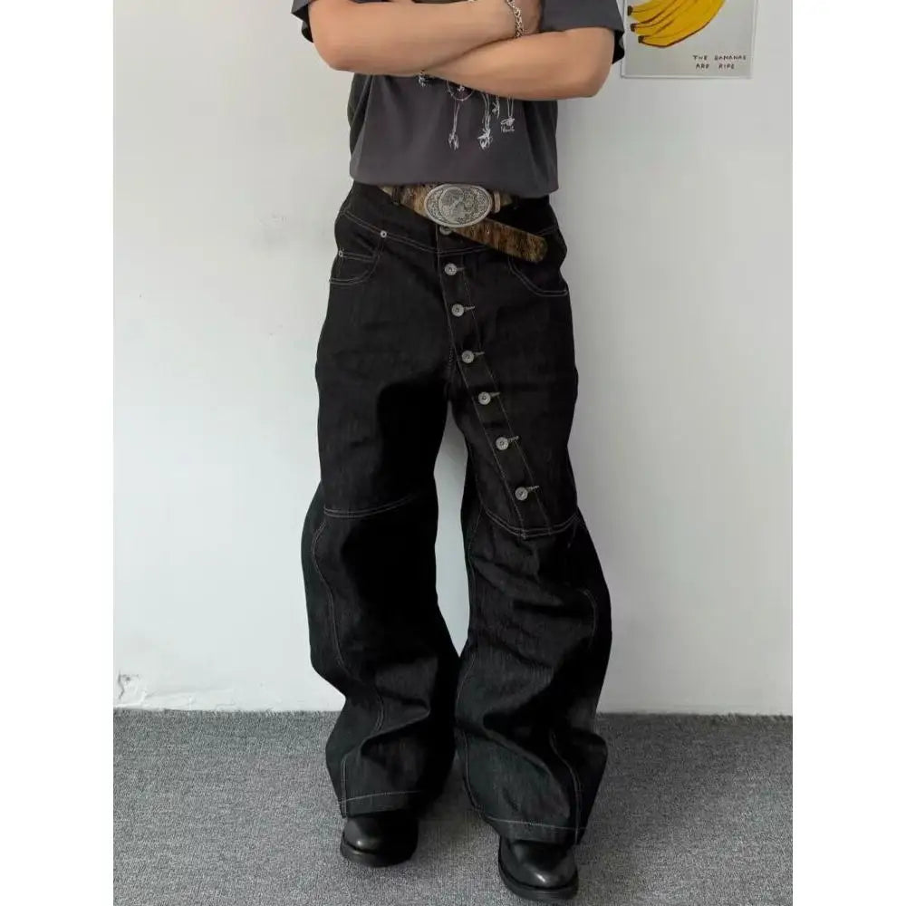 American Retro Long Row Button Design Jeans Men's High Street Loose Wide Leg Floor-Length Trousers Trendy Straight Leg Jeans