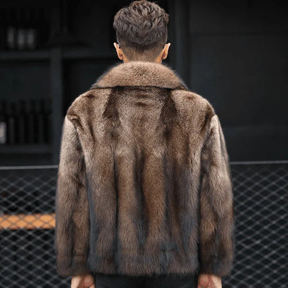 Abrigo de Piel de Visón de Lujo para Hombre, Chaqueta de Abrigo de Piel de Zorro Gruesa de Invierno, Abrigo de Piel Corto, de Moda y Cómodo, con Cuello Doblado