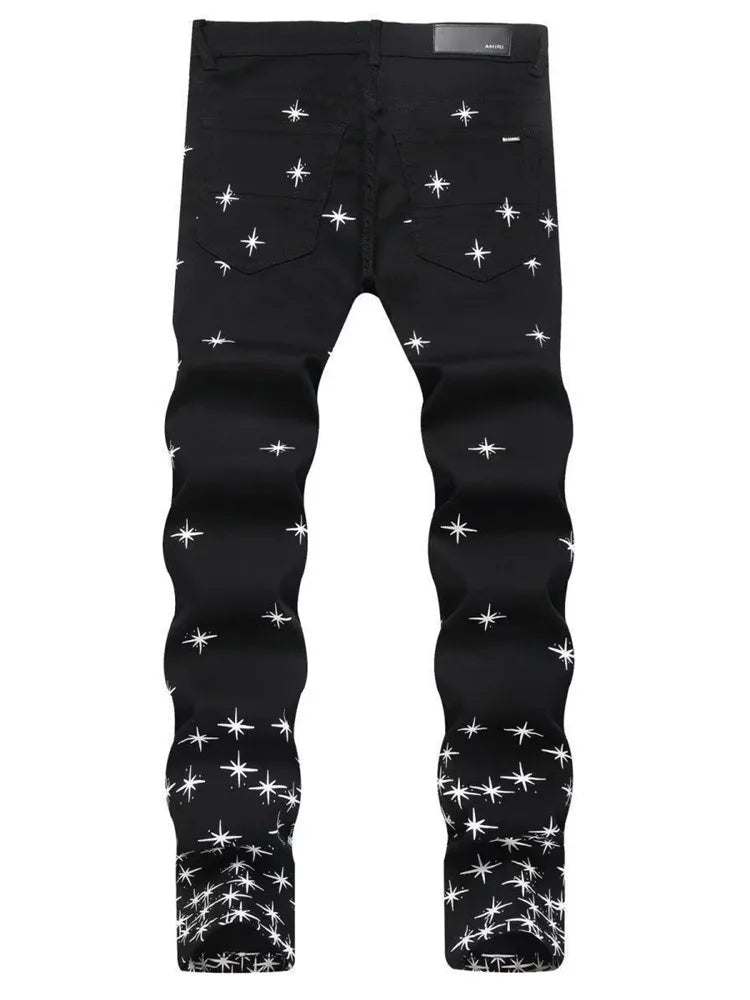 Pantalones vaqueros de hombre elásticos de tubo recto con estampado retro, tendencia de moda de otoño e invierno, vaqueros cómodos deportivos casuales de alta calidad