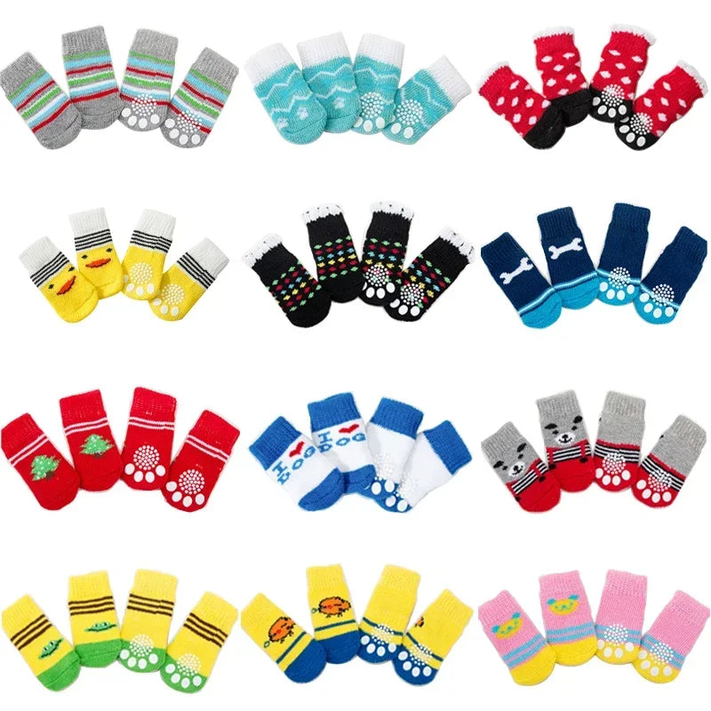4 pzs./set calcetines para perros con patrón bonito, cubrepies cálidos antideslizantes, zapatos protectores para patas de cachorro, regalo de Navidad, accesorios para mascotas