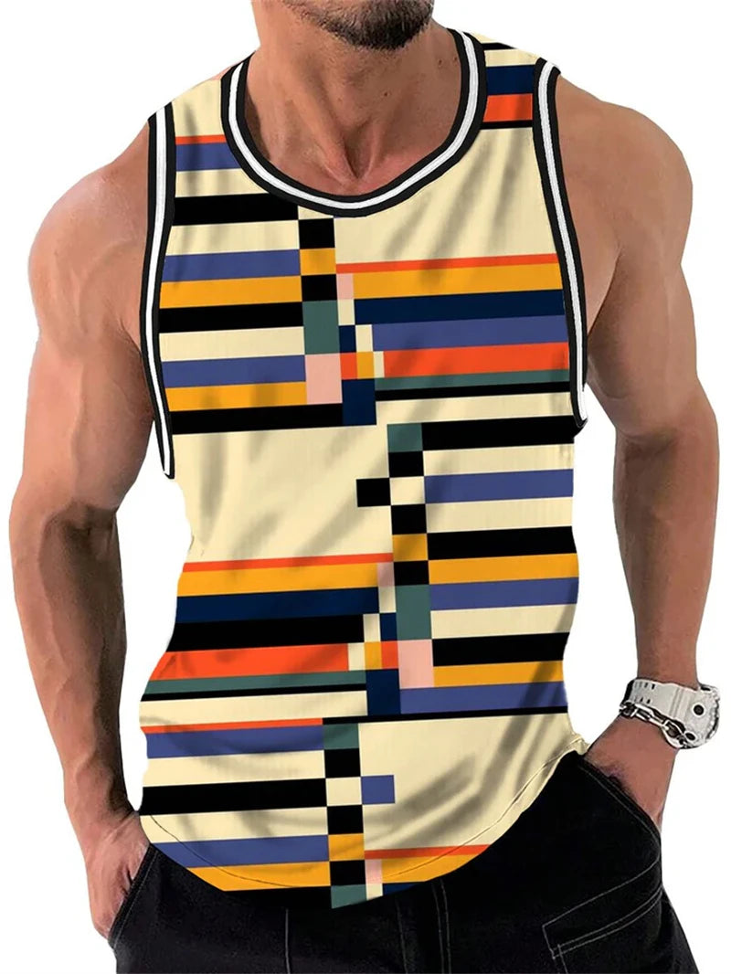 Camisetas sin mangas con estampado de rayas retro para hombre, estilo casual de verano sin mangas con estampado 3D, chaleco suelto de secado rápido, transpirable