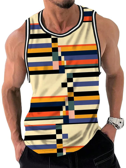 Camisetas sin mangas con estampado de rayas retro para hombre, estilo casual de verano sin mangas con estampado 3D, chaleco suelto de secado rápido, transpirable