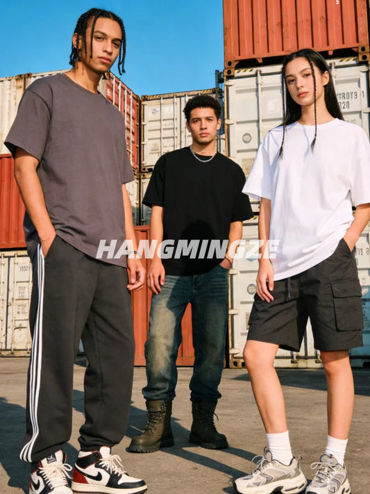 Paquete de 3 camisetas de algodón pesado americano 230GSM de manga corta para hombres y mujeres, color liso, cuello redondo, holgadas, tops para parejas, camiseta oversize