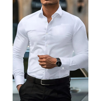 Camisas de negocios para hombre elásticas para las cuatro estaciones, de manga larga, de color sólido, elegantes, informales, de la marca 2025