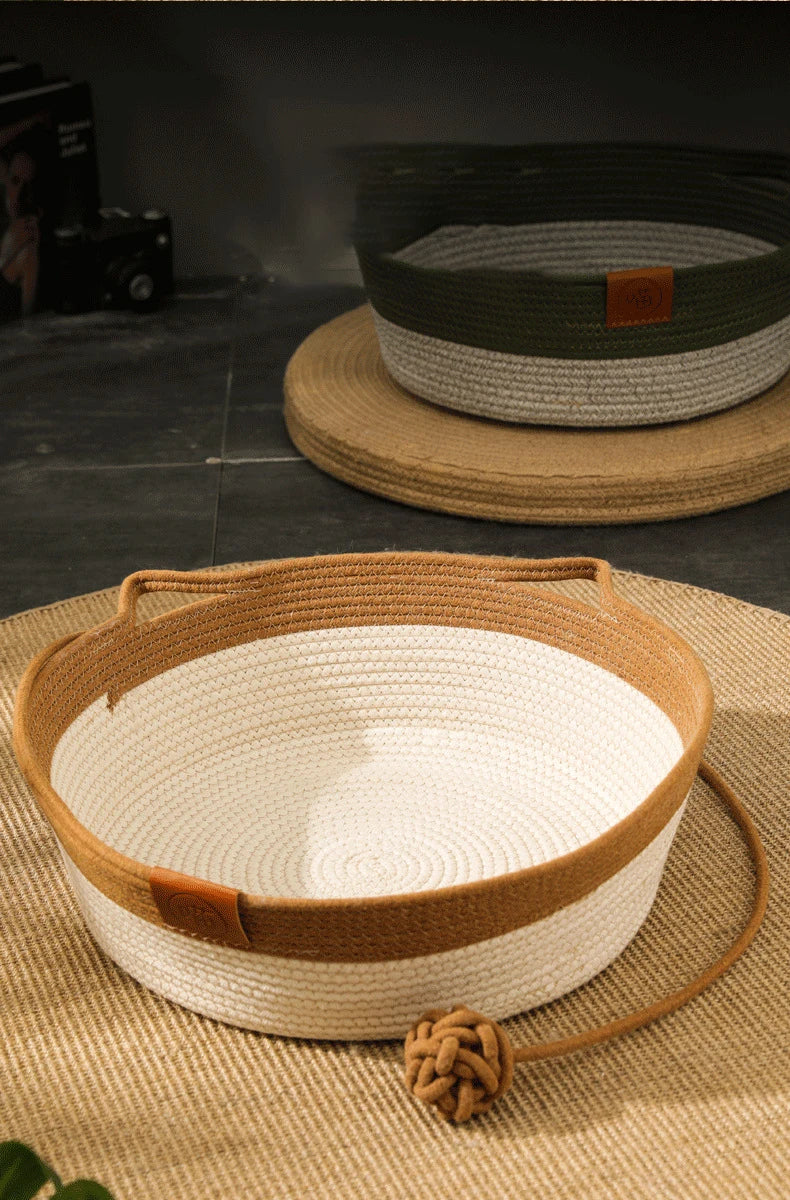 Cama para Gatos, Nido para Mascotas, Tejido de Ratán Puramente Manual, Tablero Rascador para Gatos de Enea, Almohadilla Cálida de Invierno Extraíble y Lavable para Todas las Estaciones