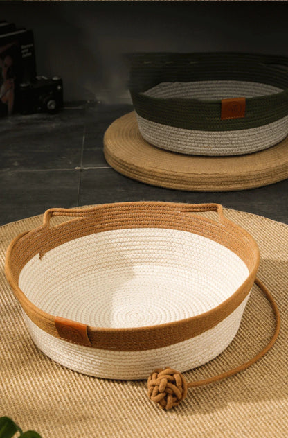 Cama para Gatos, Nido para Mascotas, Tejido de Ratán Puramente Manual, Tablero Rascador para Gatos de Enea, Almohadilla Cálida de Invierno Extraíble y Lavable para Todas las Estaciones