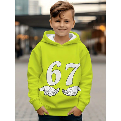 Ropa infantil Sudadera con capucha divertida con el número "67" para niños, sudadera informal deportiva de manga larga con capucha y tops para niños