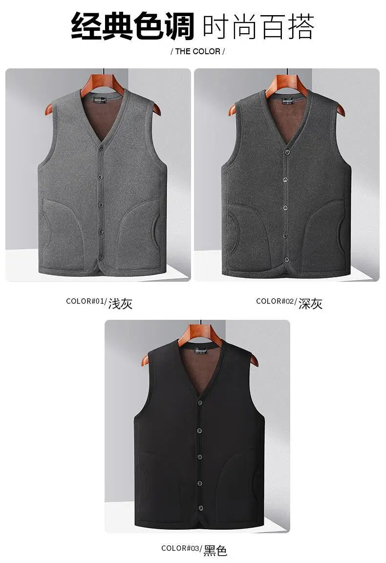 2026 Men's Autumn Winter Fashion V-neck Thickened Plus Velves Warm Vest Man Sleeveless Jackets Solid Slim Casual Waistcoat Male