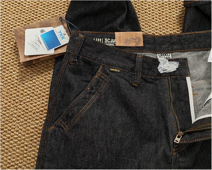 Jeans cónicos casuales rectos lavados de mezclilla de alta gama con corte 3D, peso pesado, estilo retro americano, cómodos, a la moda para hombres, Otoño 2025