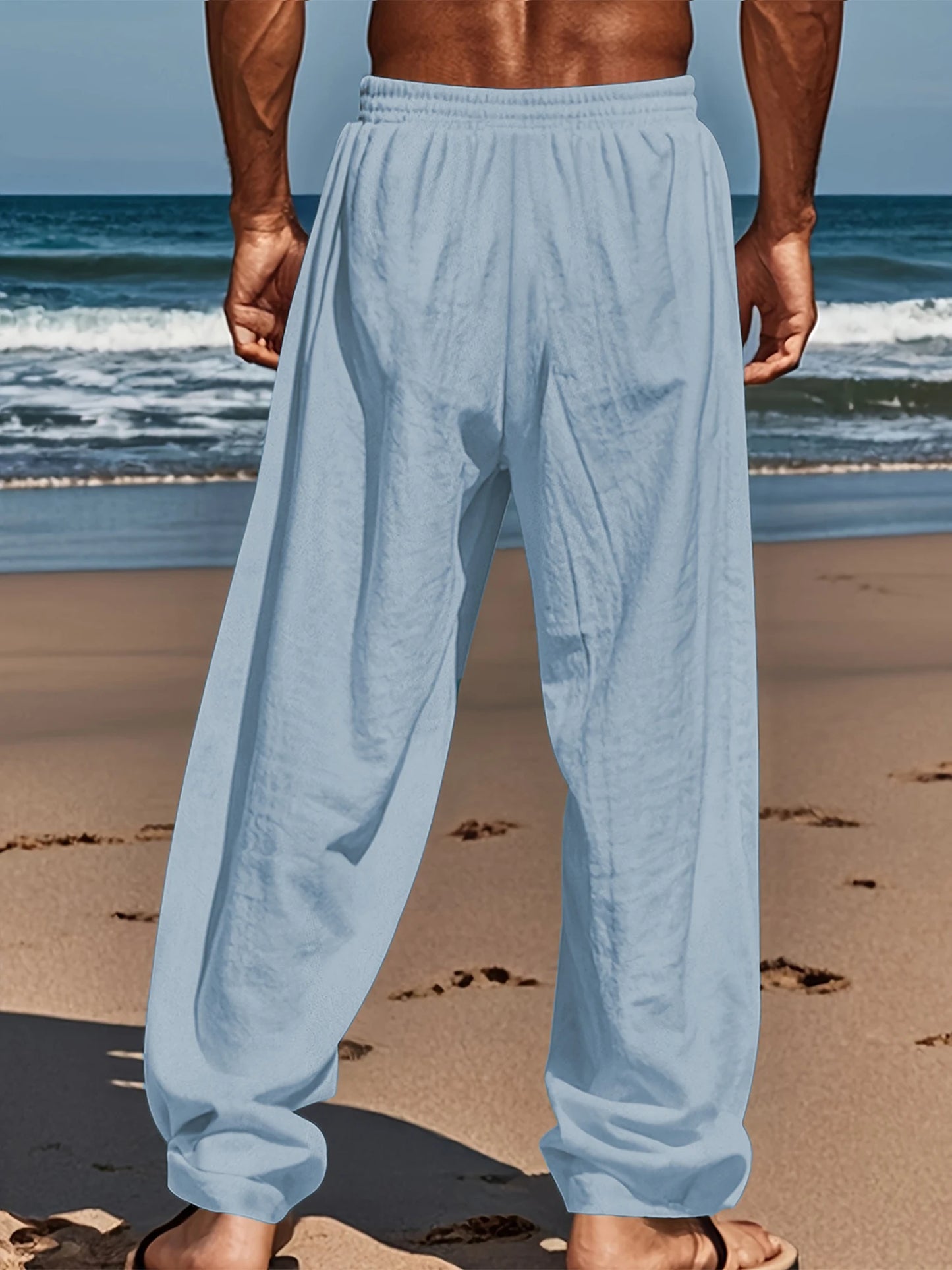 Pantalones ligeros de lino para hombre con cintura elástica y corte relajado, ideales para vacaciones de verano en la playa o uso casual
