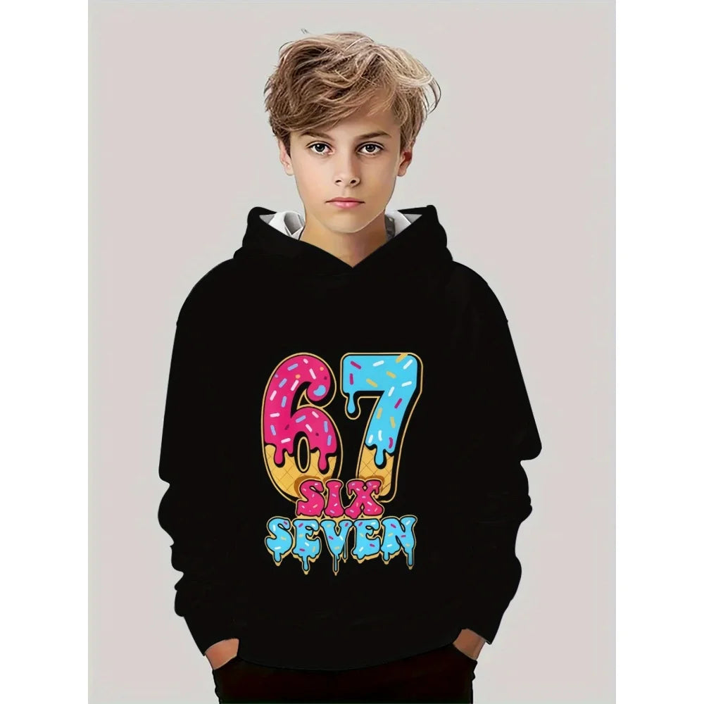 Ropa infantil Sudadera con capucha divertida con el número "67" para niños, sudadera informal deportiva de manga larga con capucha y tops para niños