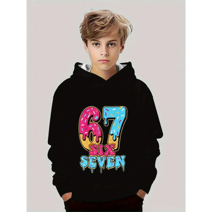 Ropa infantil Sudadera con capucha divertida con el número "67" para niños, sudadera informal deportiva de manga larga con capucha y tops para niños