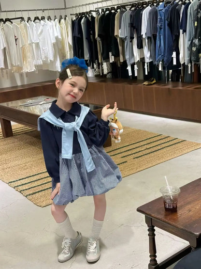 2025 Corea Niñas Bebé Vestido Verano Primavera Otoño Cuadros Retazos Vestidos Casuales Moda Niños Ropa Vestidos