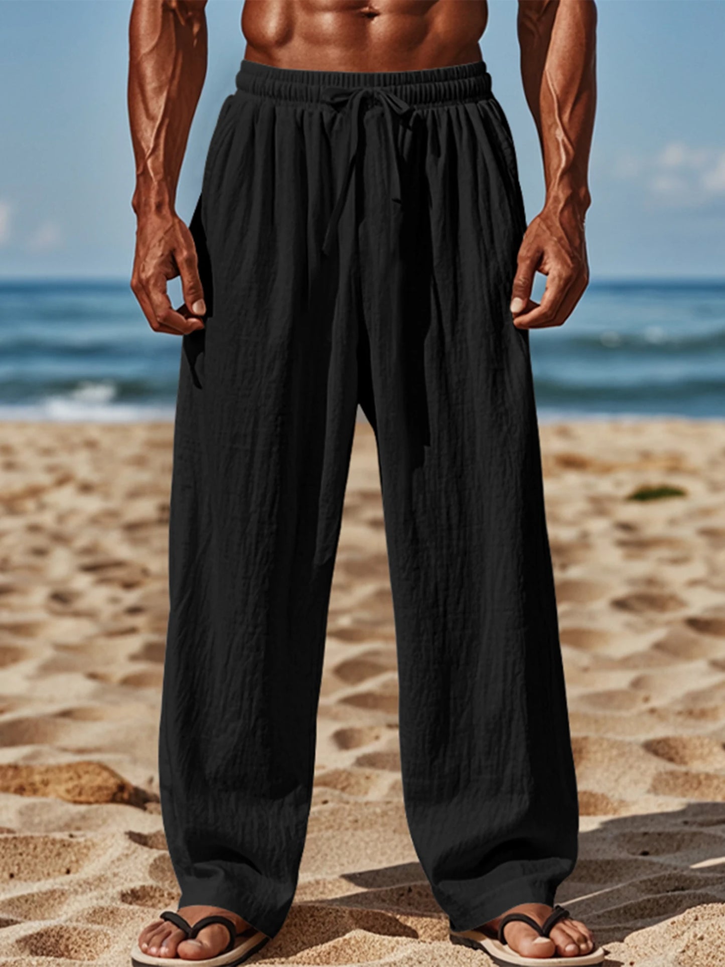 Pantalones ligeros de lino para hombre con cintura elástica y corte relajado, ideales para vacaciones de verano en la playa o uso casual