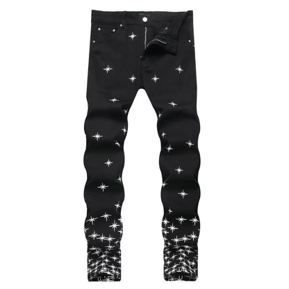 Pantalones vaqueros de hombre elásticos de tubo recto con estampado retro, tendencia de moda de otoño e invierno, vaqueros cómodos deportivos casuales de alta calidad