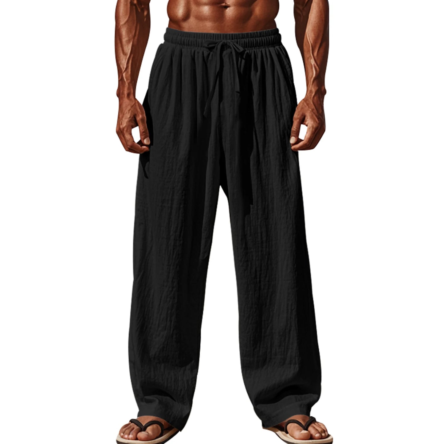 Pantalones ligeros de lino para hombre con cintura elástica y corte relajado, ideales para vacaciones de verano en la playa o uso casual