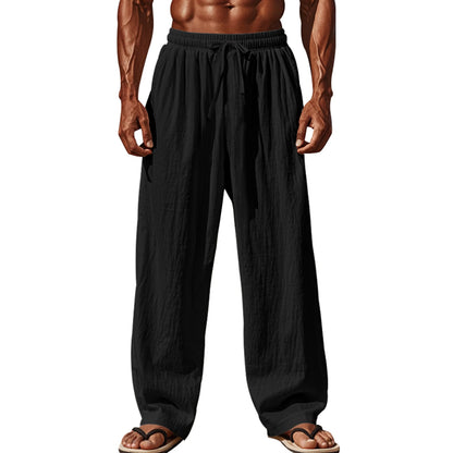Pantalones ligeros de lino para hombre con cintura elástica y corte relajado, ideales para vacaciones de verano en la playa o uso casual