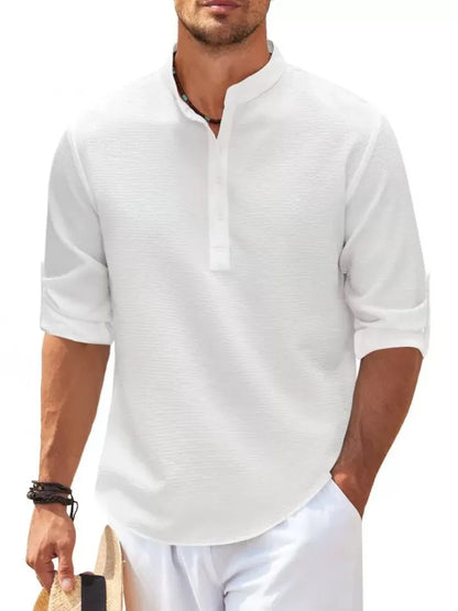 Spring Summer Men's Cotton Linen Polo Shirts Casual Long Sleeve Lightweight Henley Neck Solid Color Tops  Beach Shirts Fashion