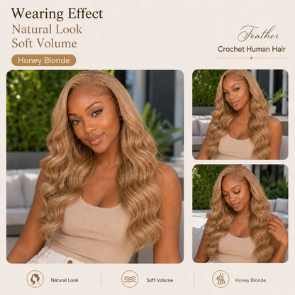 Honey Blonde Highlight Body Wave Crochet Human Hair Pre-Separated Invisble Miracle Knot Braids Feather Crochet Hair Extensions