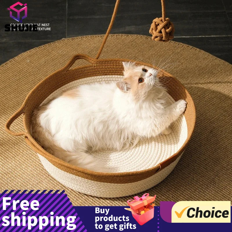Cama para Gatos, Nido para Mascotas, Tejido de Ratán Puramente Manual, Tablero Rascador para Gatos de Enea, Almohadilla Cálida de Invierno Extraíble y Lavable para Todas las Estaciones