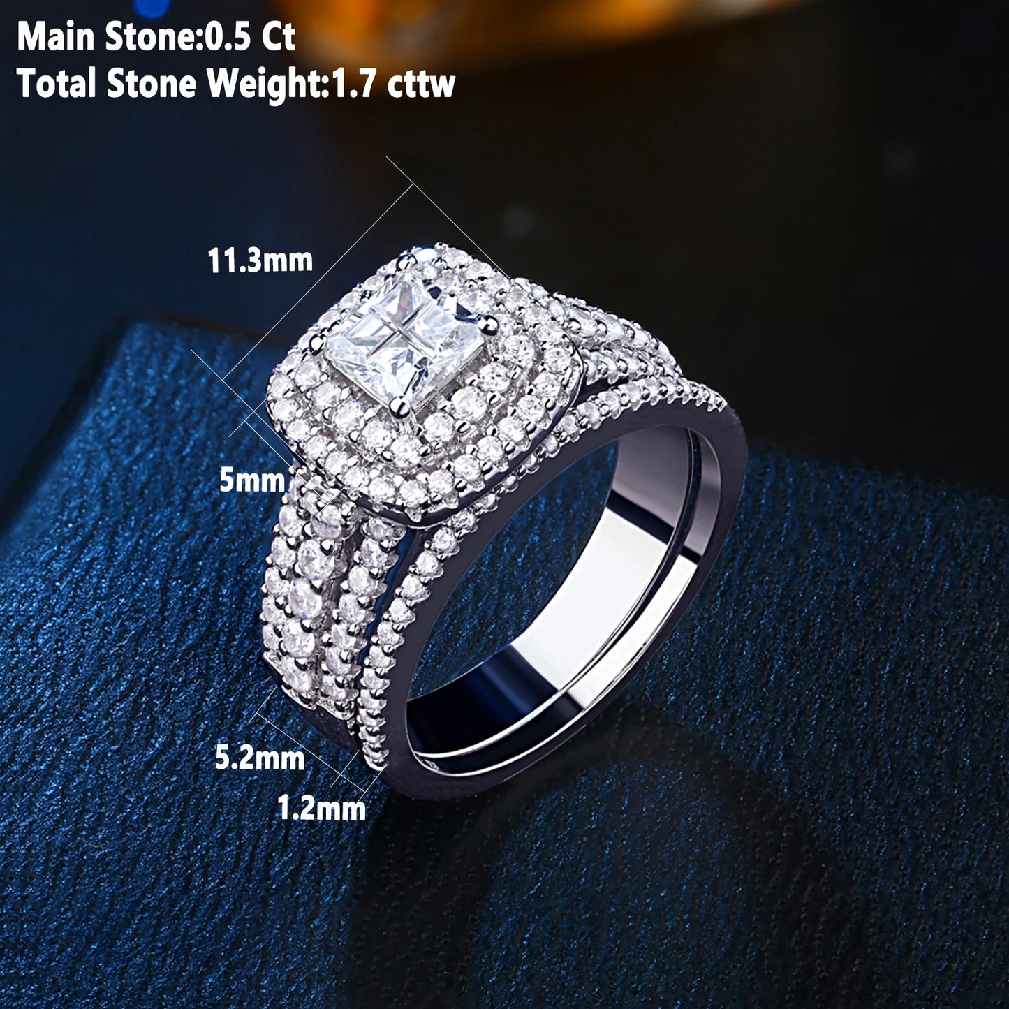 Newshe Lujoso Juego de Anillos de Boda con Halo de Plata Esterlina 925 para Mujeres Elegante Joyería Anillos de Diamante de Princesa Simulados