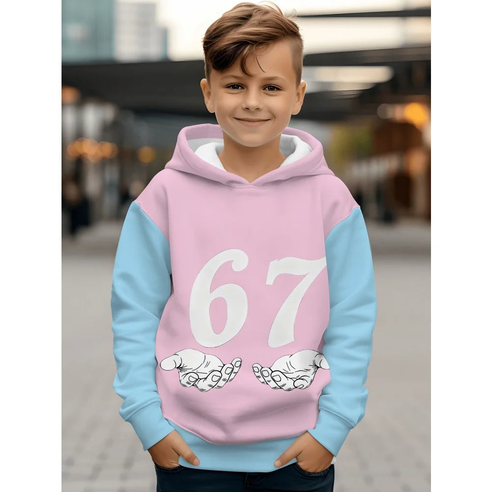 Ropa infantil Sudadera con capucha divertida con el número "67" para niños, sudadera informal deportiva de manga larga con capucha y tops para niños