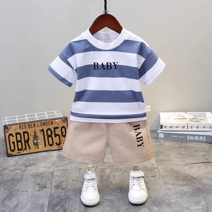 Ropa de verano para niños, camisetas informales de algodón a rayas, pantalones cortos, conjunto de 2 piezas, atuendo infantil para niños pequeños, chándales de 0 a 5 años