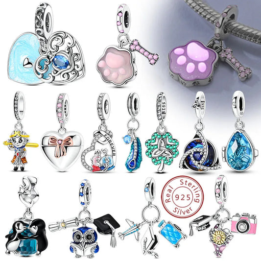 New 925 Sterling Silver Charms Bead Penguin Owl Bow Heart Charm Fit Original Pendant Bracelet Jewelry Making For Women Gift