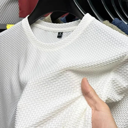 Summer Ice Silk Men's T-shirt Elastic Mesh Round Neck Half Sleeve Base Shirt Breathable Comfortable Short