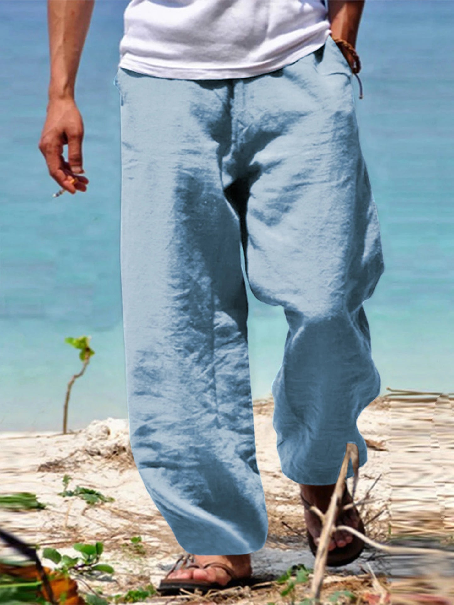 Pantalones ligeros de lino para hombre con cintura elástica y corte relajado, ideales para vacaciones de verano en la playa o uso casual
