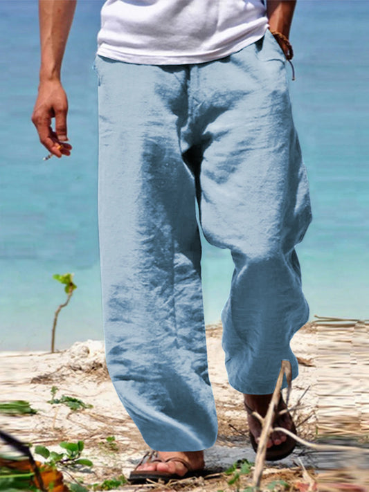 Pantalones ligeros de lino para hombre con cintura elástica y corte relajado, ideales para vacaciones de verano en la playa o uso casual