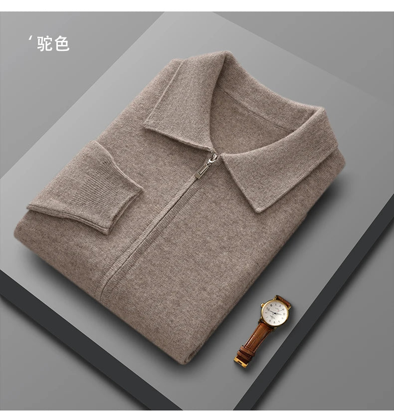 Suéter 100% Lana Merino para Hombre, Cuello Polo, Cierre de Cremallera, Cártigan de Negocios, Chaqueta de Cachemira, Tejido para Otoño Invierno
