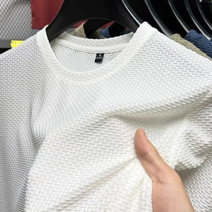 Summer Ice Silk Men's T-shirt Elastic Mesh Round Neck Half Sleeve Base Shirt Breathable Comfortable Short