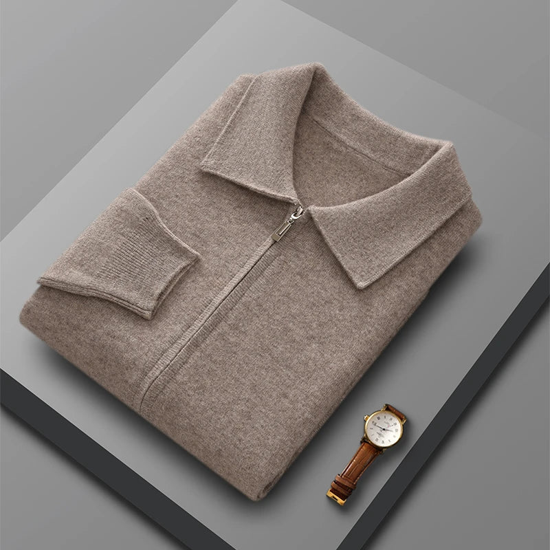 Suéter 100% Lana Merino para Hombre, Cuello Polo, Cierre de Cremallera, Cártigan de Negocios, Chaqueta de Cachemira, Tejido para Otoño Invierno