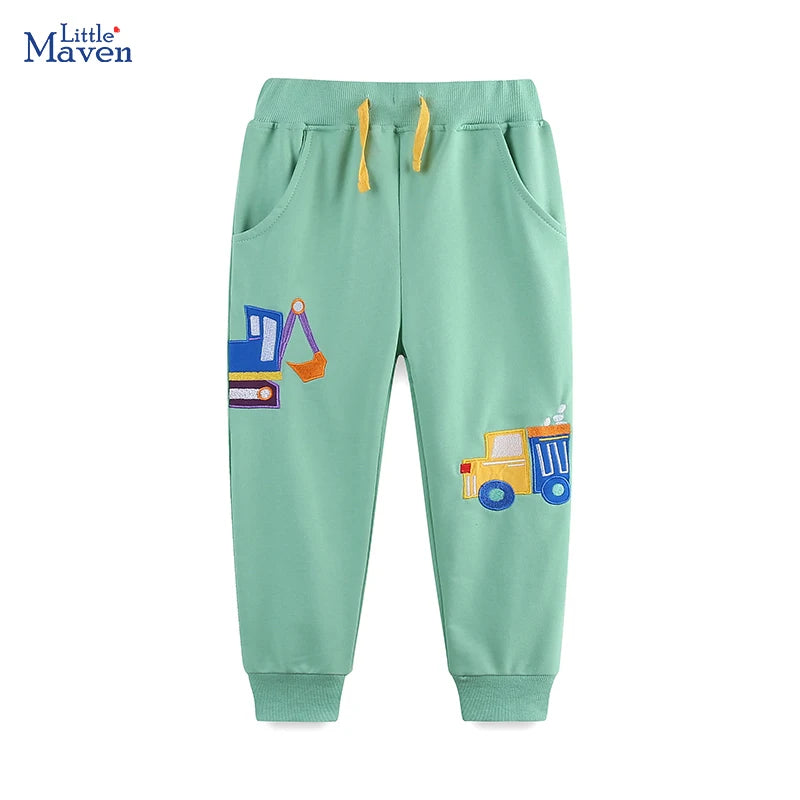 Little maven Pantalones deportivos CAR para bebés, ropa para niños con bordado de dibujos animados de excavadora, pantalones de algodón para niños, joggers