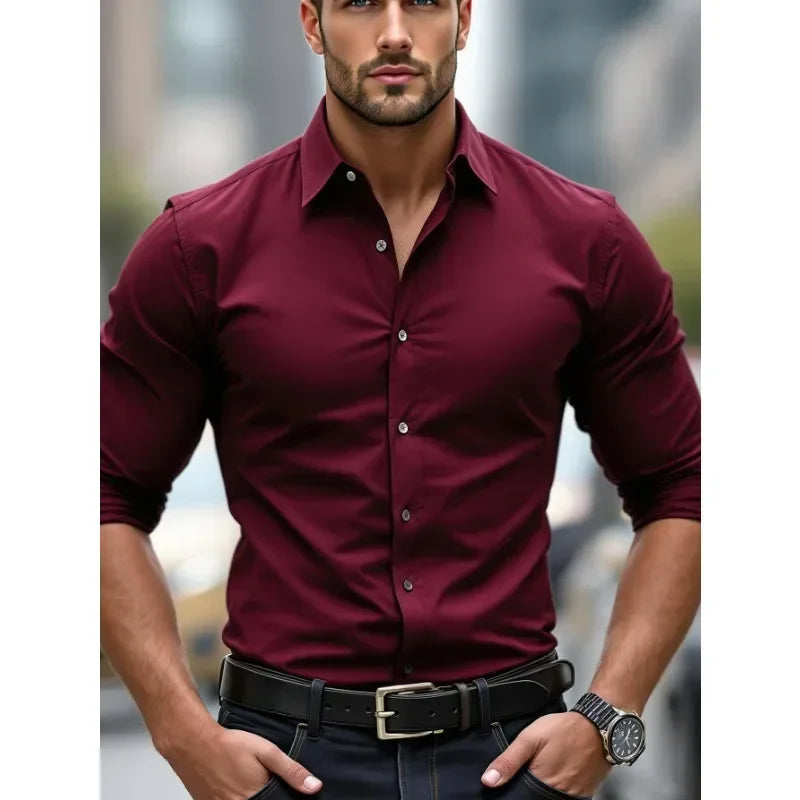 Camisas de negocios para hombre elásticas para las cuatro estaciones, de manga larga, de color sólido, elegantes, informales, de la marca 2025