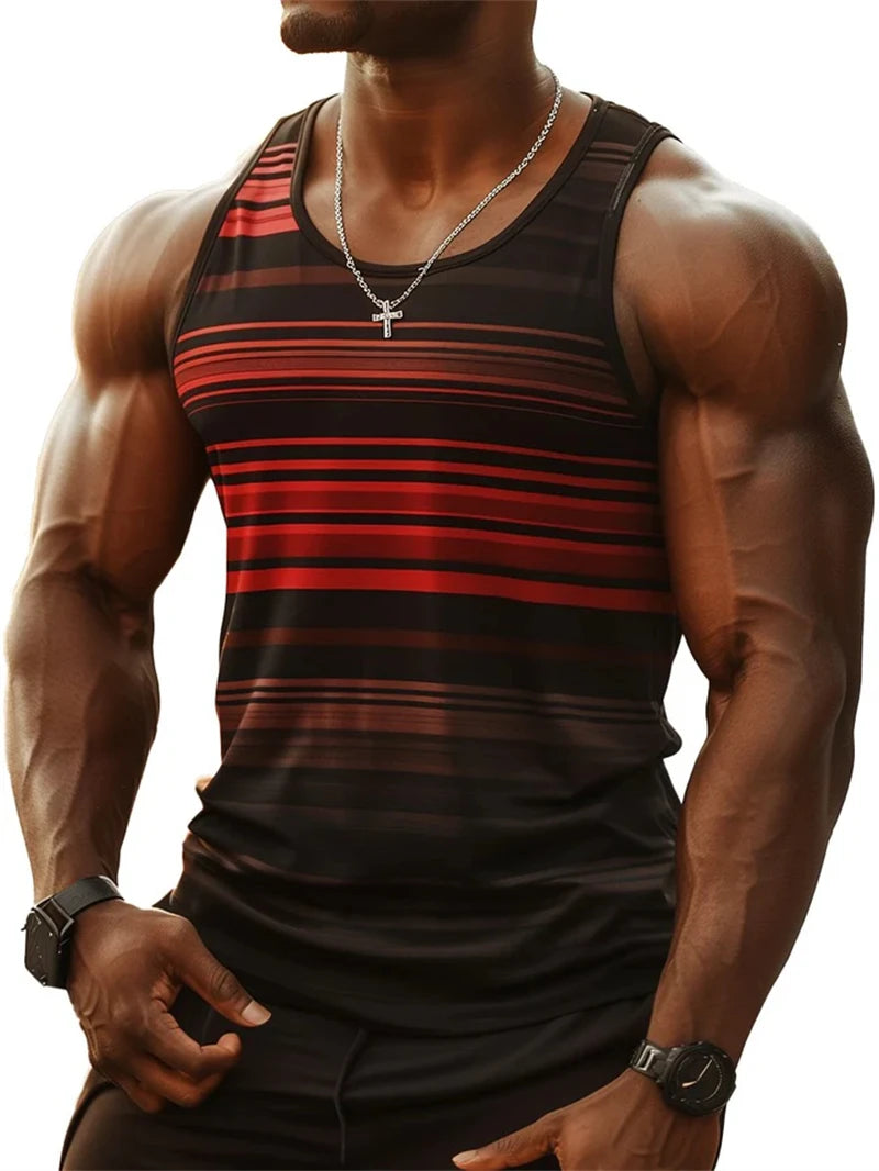 Camisetas sin mangas con estampado de rayas retro para hombre, estilo casual de verano sin mangas con estampado 3D, chaleco suelto de secado rápido, transpirable