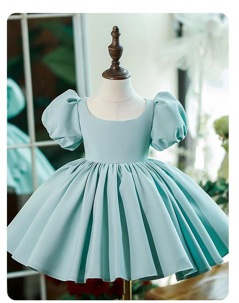 Nuevo vestido de fiesta de cumpleaños para niña con mangas de burbuja de color sólido, vestido de princesa para anfitriona infantil, vestido de boda floral abullonado para niños