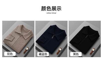 Suéter 100% Lana Merino para Hombre, Cuello Polo, Cierre de Cremallera, Cártigan de Negocios, Chaqueta de Cachemira, Tejido para Otoño Invierno